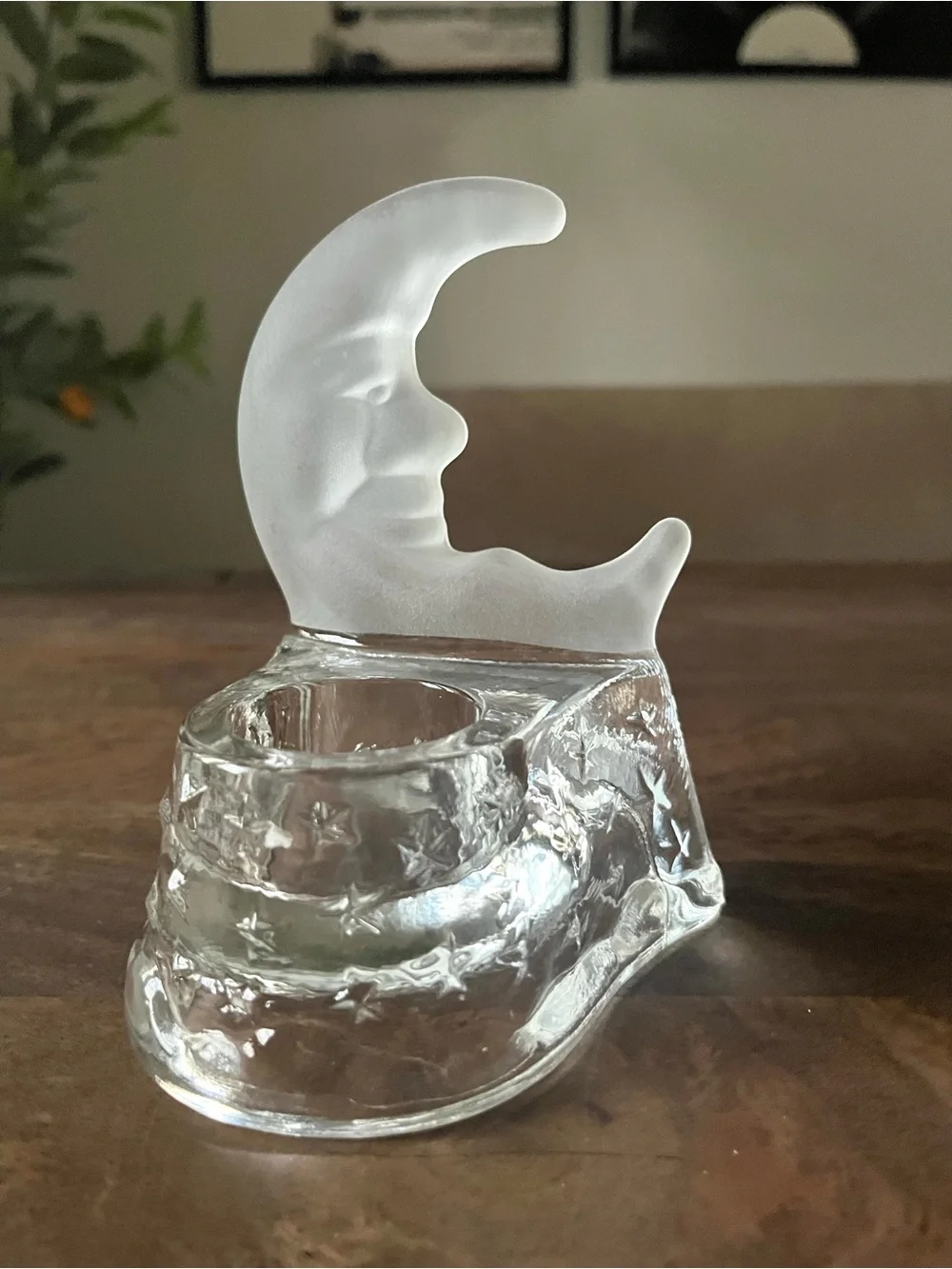vintage 1990s celestial crescent moon and stars frosted and clear glass tealight